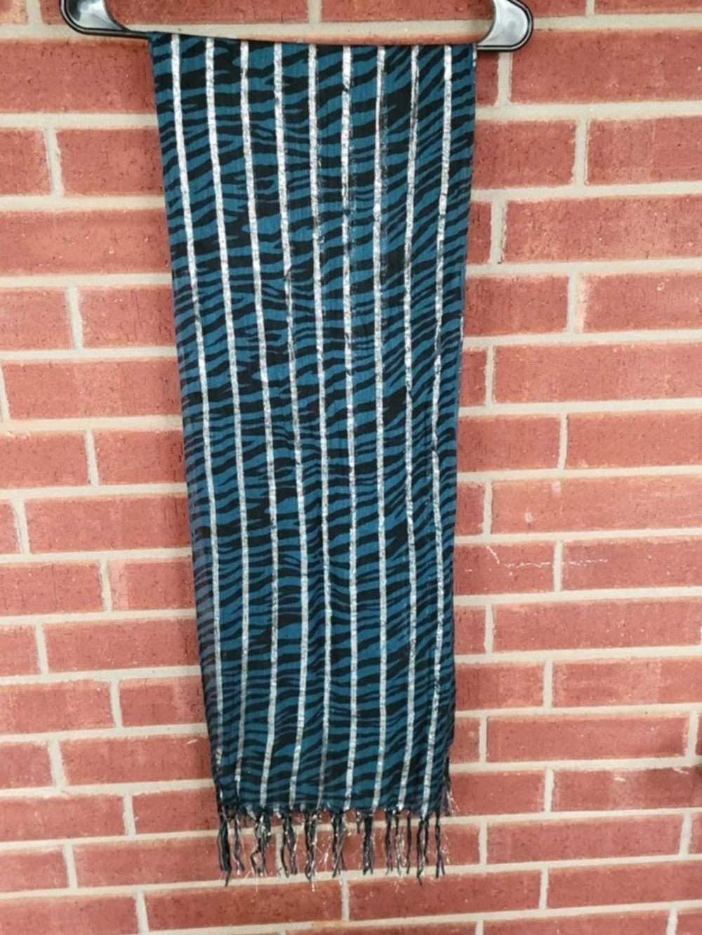 523 Green, Black and Silver Striped Fringe Scarf